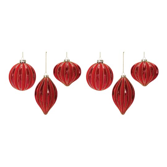 Ribbed Mercury Red Glass Ornament Set